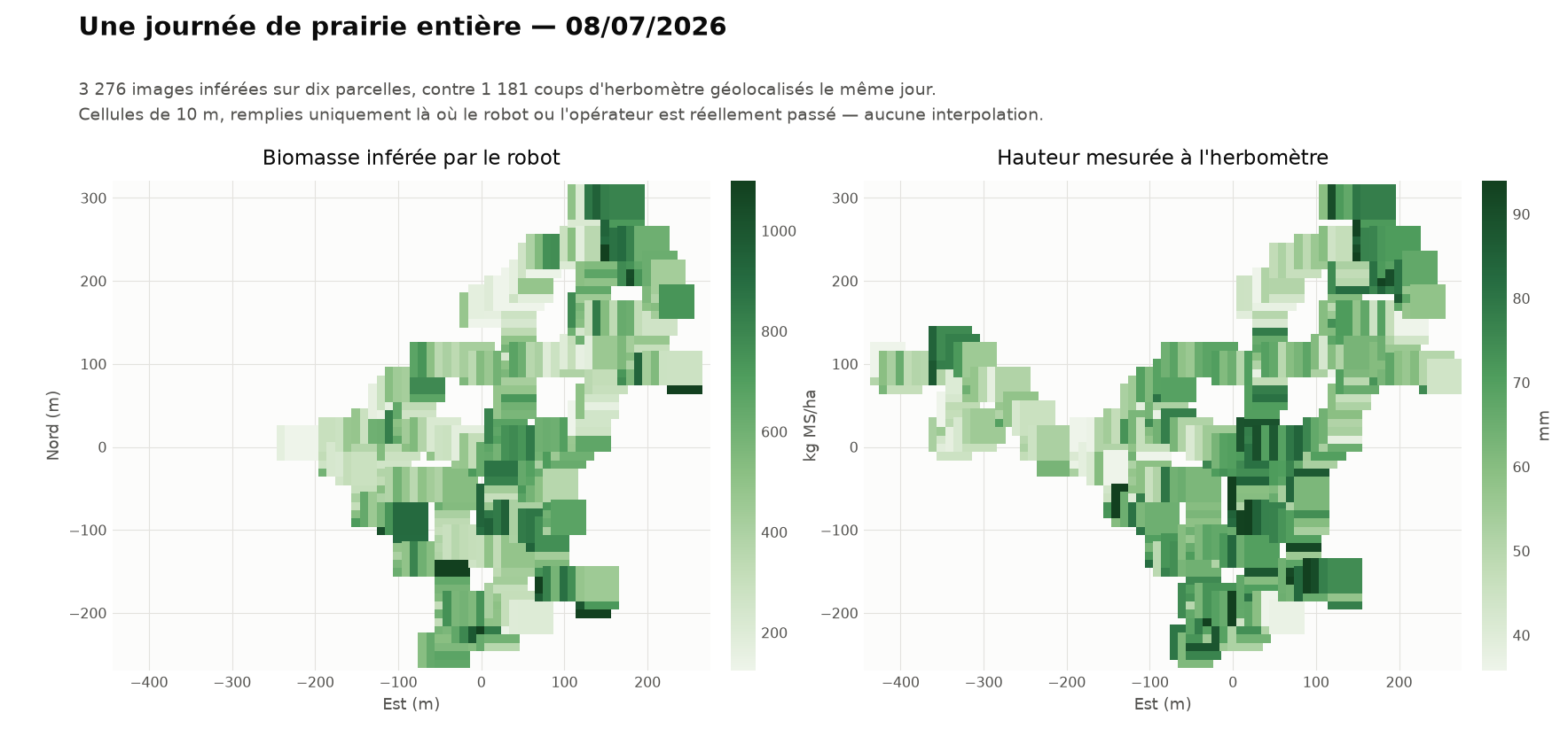 Deux cartes côte à côte de la même prairie le 8 juillet 2026 : à gauche la biomasse inférée par le robot en kg MS/ha, à droite la hauteur mesurée à l'herbomètre en mm. Les mêmes zones ressortent sur les deux cartes.