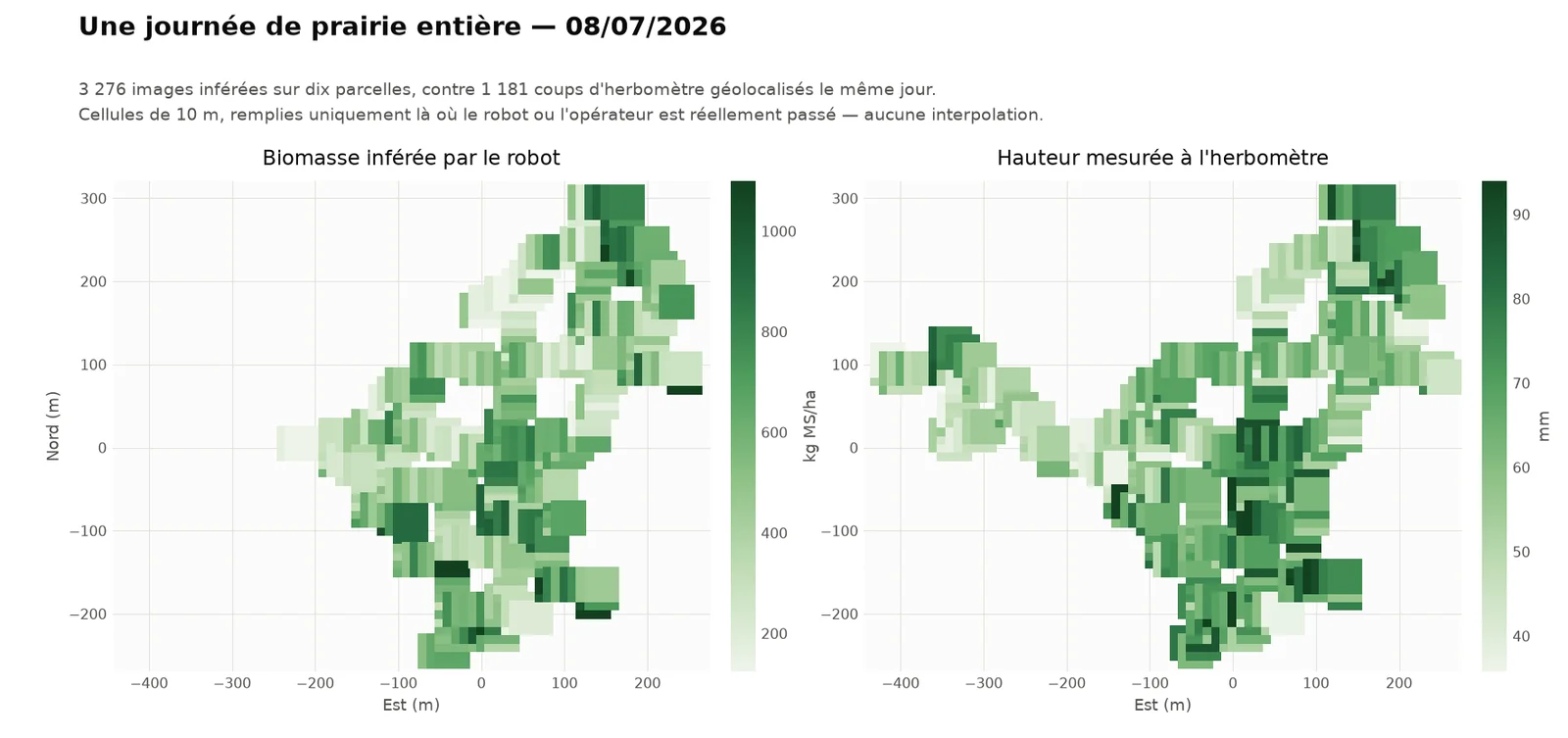 Deux cartes côte à côte de la même prairie le 8 juillet 2026 : à gauche la biomasse inférée par le robot en kg MS/ha, à droite la hauteur mesurée à l'herbomètre en mm. Les mêmes zones ressortent sur les deux cartes.